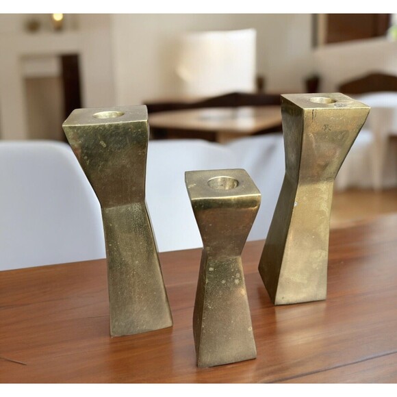 Square Double Inverted Pyramid Shape Brass Candlesticks MCM Lot Of 3 - 8” & 6.5” - Picture 8 of 10